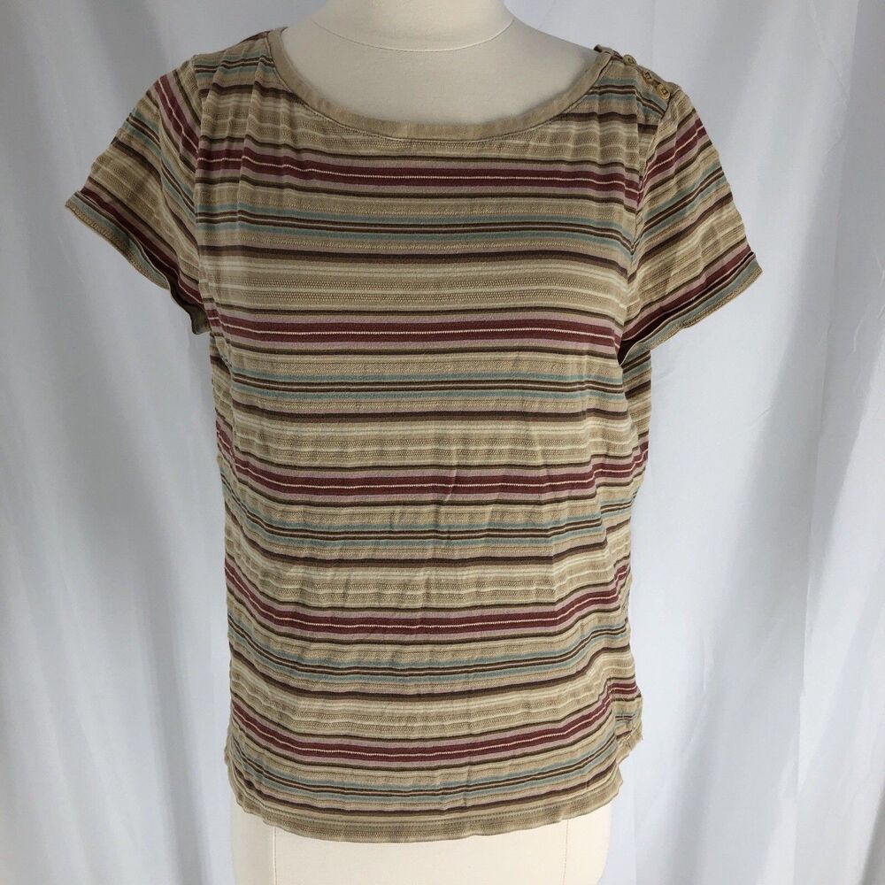 Lauren Ralph Lauren T-Shirt Women's Medium Tan Striped Round Neck Short Sleeve